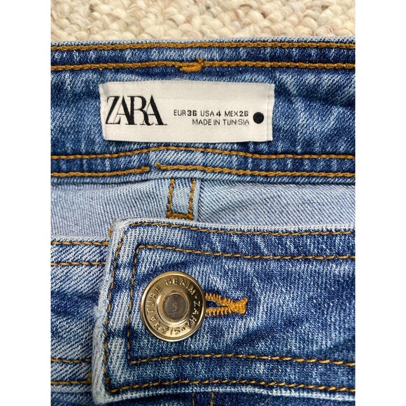 4 Zara Wide Leg High Waist Crop Denim Jeans Raw Hem - Picture 9 of 9